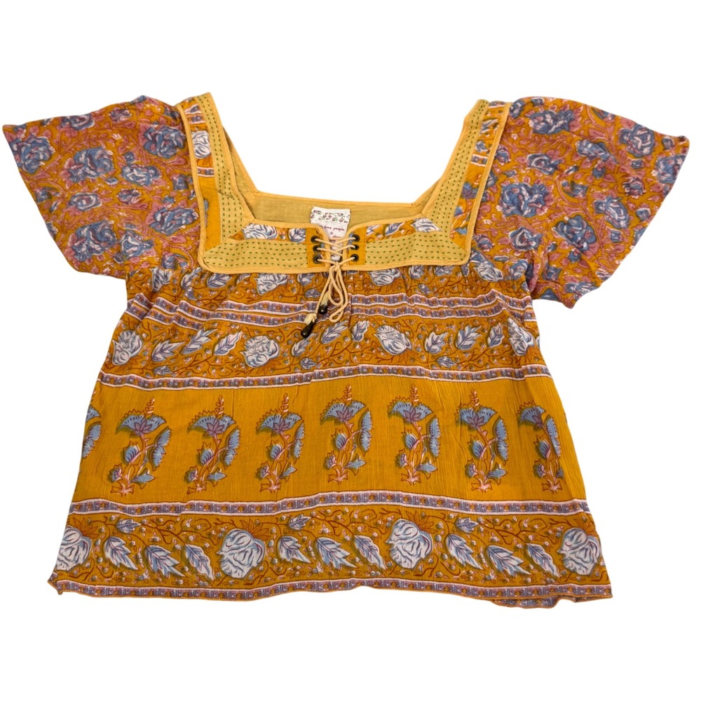 Free People Top Boho Hippie Cottage Lace Up Sz 2 Boho Block Print Mustard Yellow